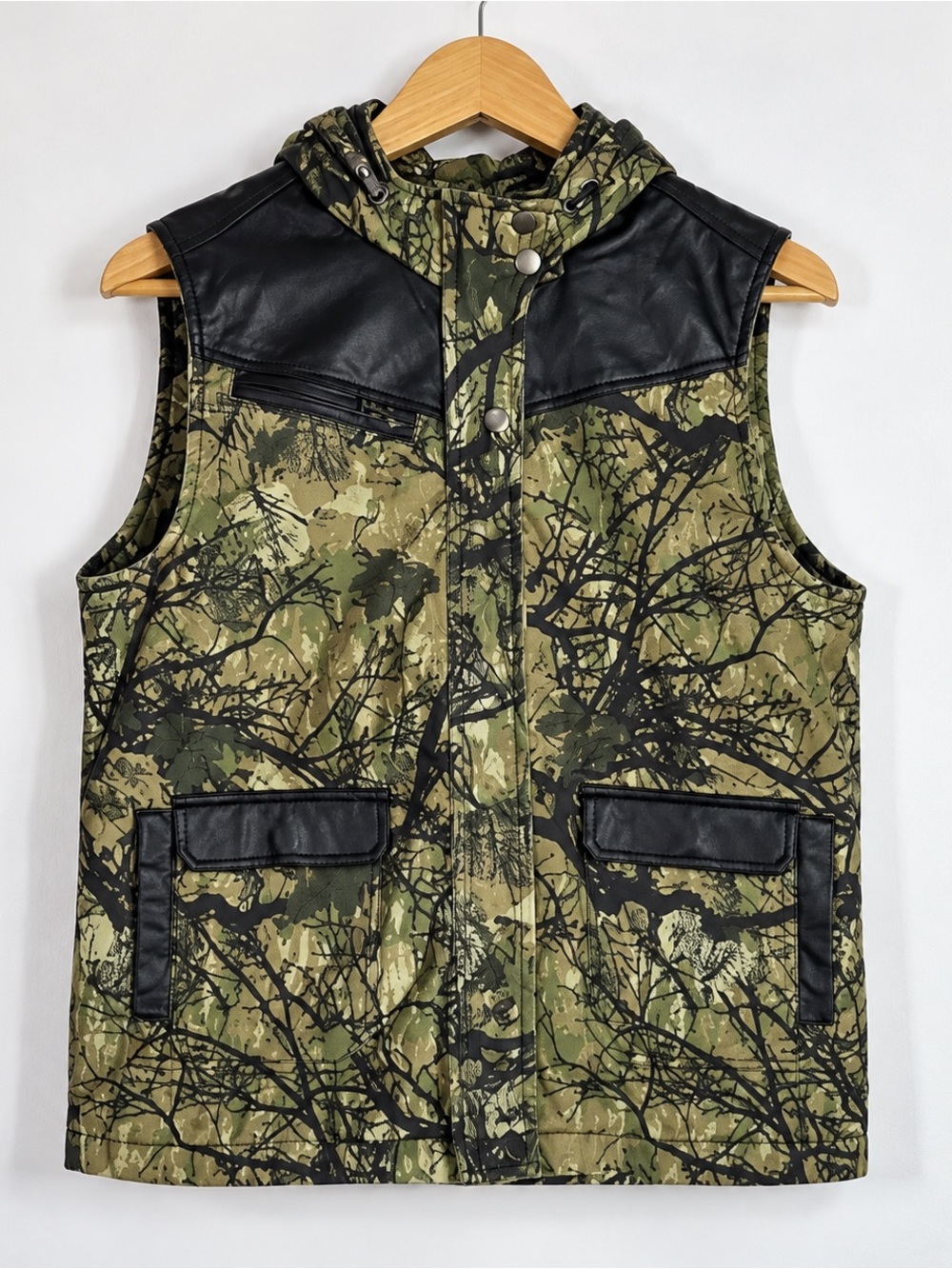 BDG Camo and faux leather hooded vest